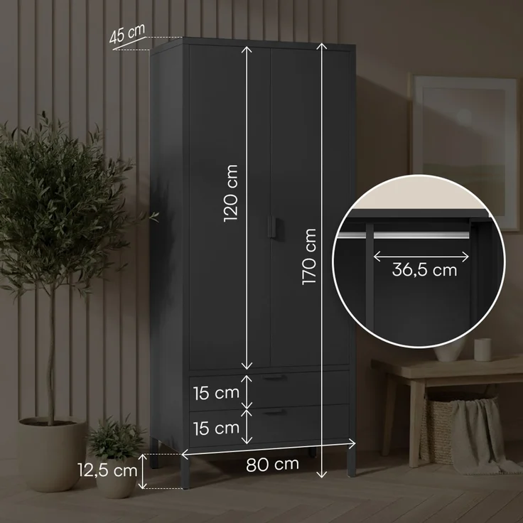 skølm 'Ituri' Kleiderschrank mit 2 Schubladen, Metall, 170x45x80 cm, schwarz, Garderobe mit 4 Fächern und 2 Kleiderstangen – Bild 7