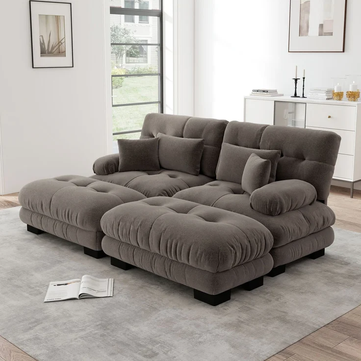 EINHOM Cloud Ecksofa für Wohnzimmer, Chenille Doppelsofa mit 2 Lendenkissen und 2 Dekokissen, Polstersofa mit breiten Armlehnen und 2 Ottomans, Chenille Braun – Bild 1