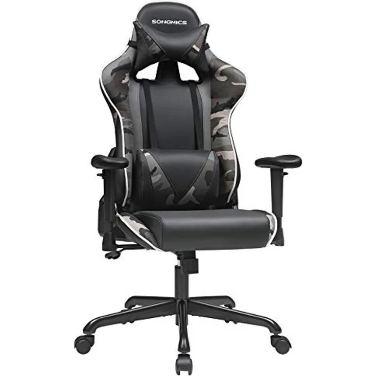 Songmics Gaming Stuhl, Bürostuhl, ergonomischer Schreibtischstuhl, verstellbare Rückenlehne, Armlehnen, Kopf- und Lendenkissen, schwarz-Tarnfarben RCG47BG