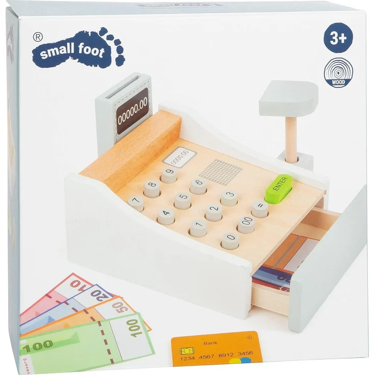 Small Foot 11099 Spielkasse aus Holz, inkl. Scanner, Kartenlesegerät, Spielgeld und Kreditkarten Spielzeug, Mehrfarbig – Bild 4