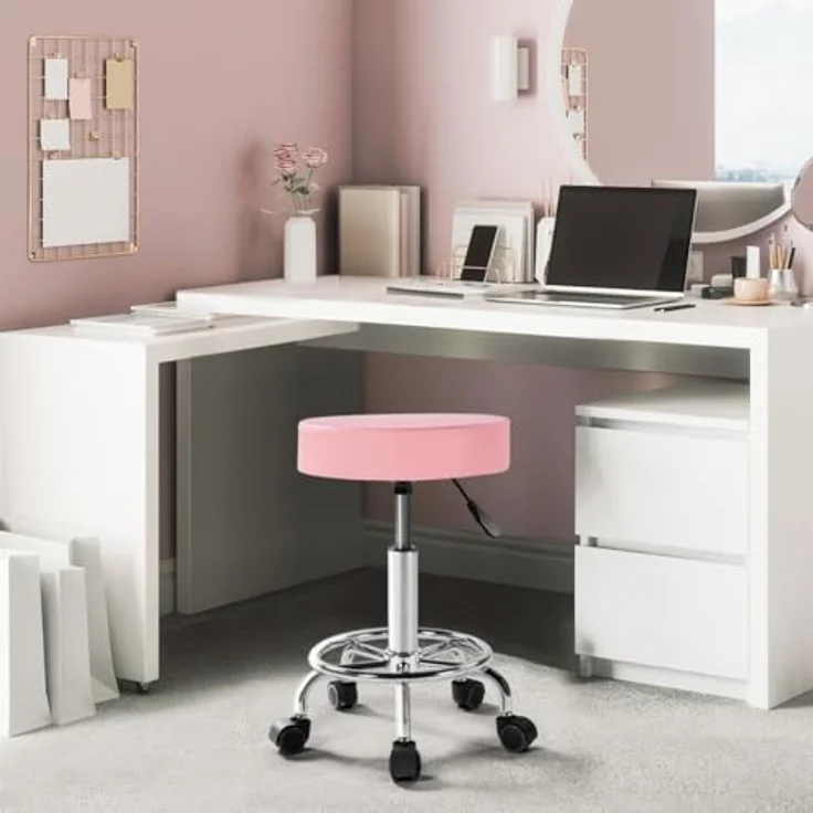 Yaheetech Rollhocker Höhenverstellbar 50,5–65 cm Sitzhöhe Drehhocker 360° Drehbar mit Polster Bürohocker bis 120 kg Arbeitshocker mit Rollen Hocker Rosa – Bild 3