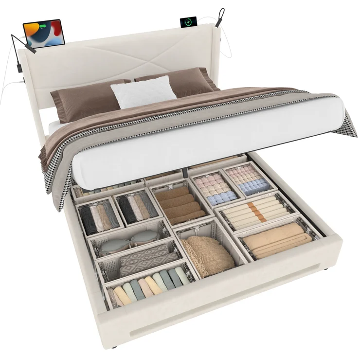 LVHOM Boxbett 140x200cm, Bettgestell mit integrierter Beleuchtung & Stauraum, USB/Typ-C-Ports, XXL-Hydraulik-Storage, platzsparend & Smart-Home-Anschlüssen – Bild 7