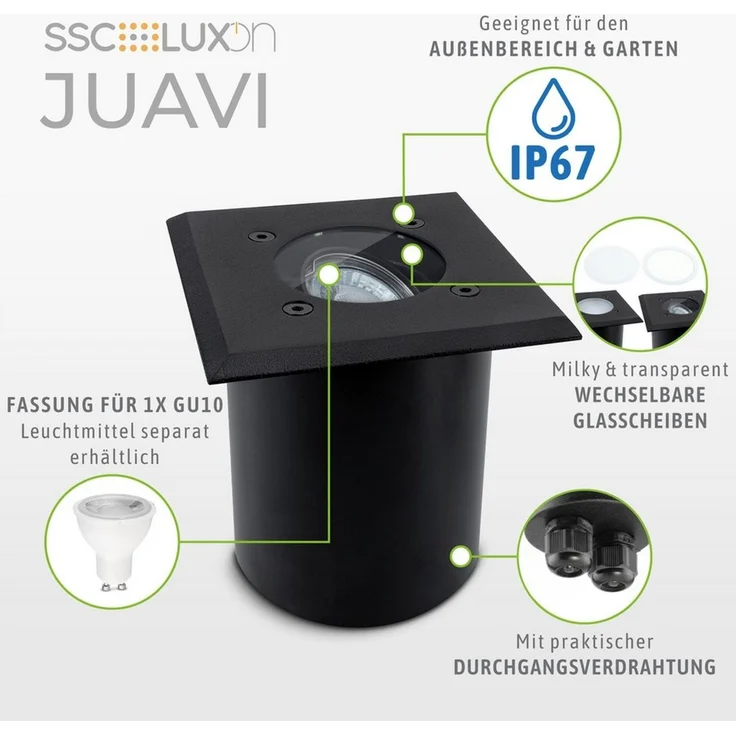 SSC-LUXon LED Gartenstrahler Bodeneinbaustrahler JUAVI quadratisch schwarz IP67 GU10 230V – Bild 3