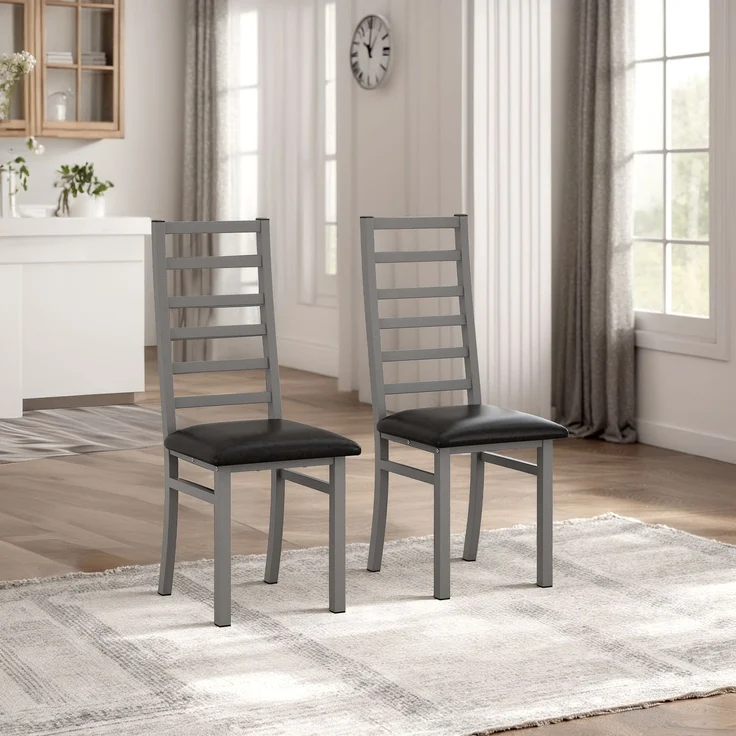 2er-Set Grau Esszimmerstühle mit hoher Rückenlehne gepolsterte Küchenstühle aus Kunstleder & Metallgestell,pflegeleicht – Bild 5