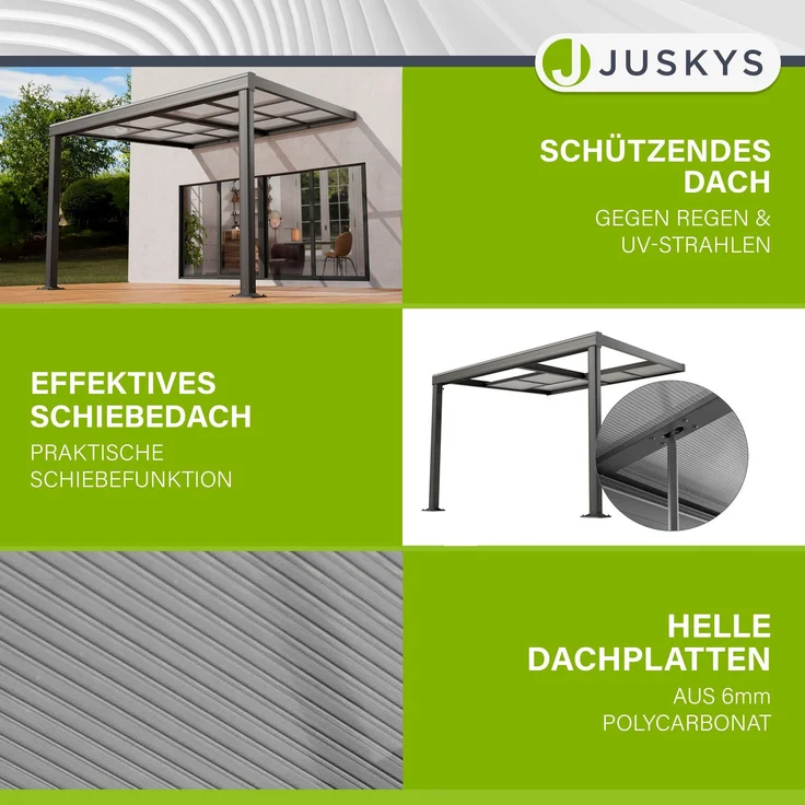 Juskys Terrassenüberdachung 3x3 m mit Schiebedach - Terrassendach aus Aluminium mit Doppelstegplatten - wetterfeste Überdachung mit UV-Schutz - Grau – Bild 4