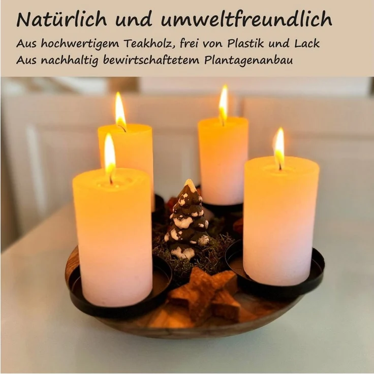HOMECALL Dekoschale Adventskranz mit 4 Kerzenhaltern, Weihnachtsdeko (ca. Ø 20 cm, Natürlichen und Eleganz), aus nachhaltigem Teakholz – Bild 3