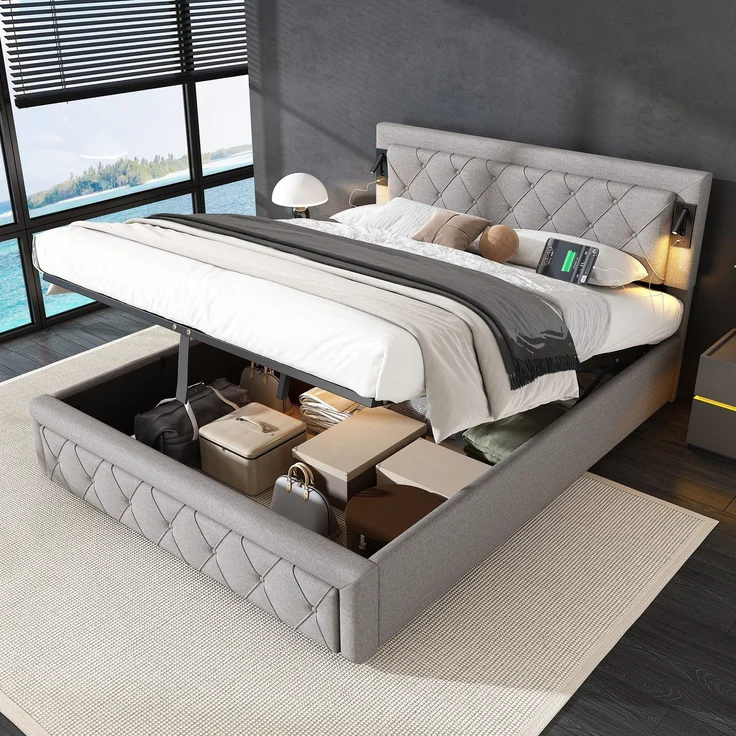 Polsterbett mit LED-Beleuchtung und Lattenrost, Kopfteil mit Spots, Type-C und USB Anschlüssen, 160x200 cm, gepolsterter Kopfteil, Doppelbett, Stauraumbett, Leinen – Bild 3
