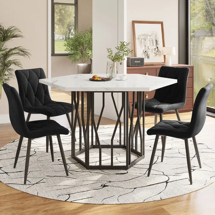 Sechseckiger Esstisch 115.5×100 cm mit 4 Samtstühlen, modernes Esszimmer-Set, ergonomisch, MDF Tischplatte, Metallgestell