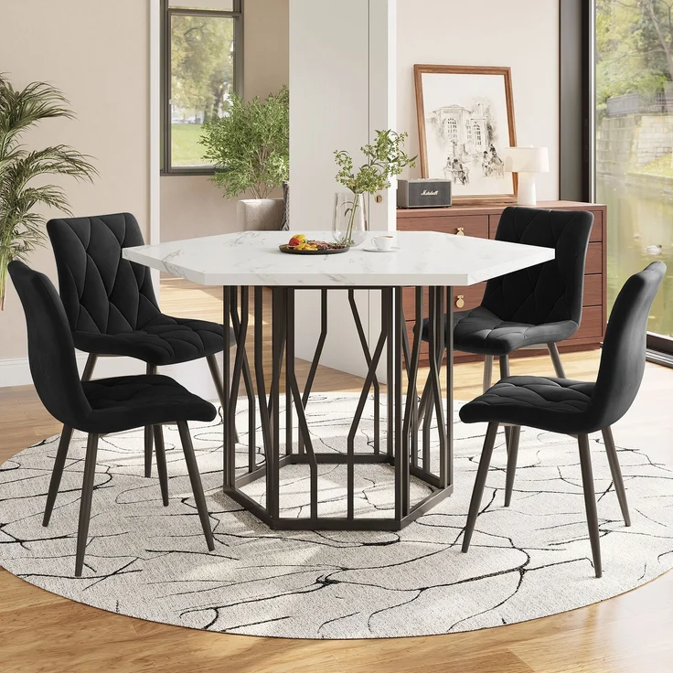 Sechseckiger Esstisch 115.5×100 cm mit 4 Samtstühlen, modernes Esszimmer-Set, ergonomisch, MDF Tischplatte, Metallgestell – Bild 1