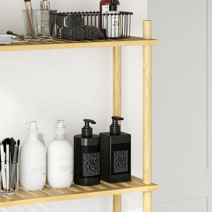 HOMCOM Badregal mit Umkippschutz, plaxtzsparend, 3 Ebenen Toilettenregal 1-tlg, für Waschküche, Land Stil, Naturholz, 181 x 25,5 x 69 cm – Bild 9