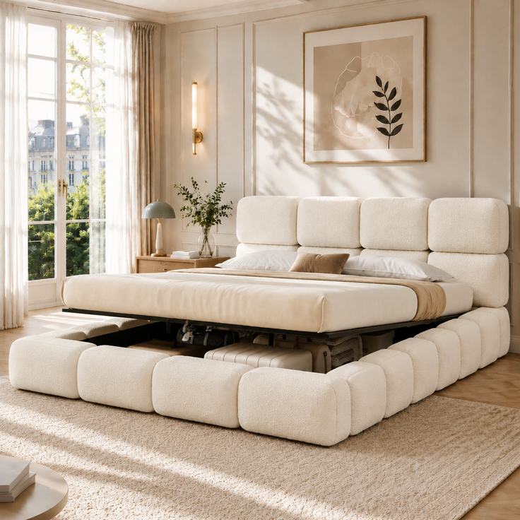 Polsterbett, Doppelbett, 200 x 200 cm, hydraulisch verstellbares Bett, Wolkenbett, Stauraumbett, Bubble-Design, mit Lattenrost, Kopfteil und großem Stauraum, gepolstertes Kopfteil, weißer Schlingenveloursstoff. – Bild 4