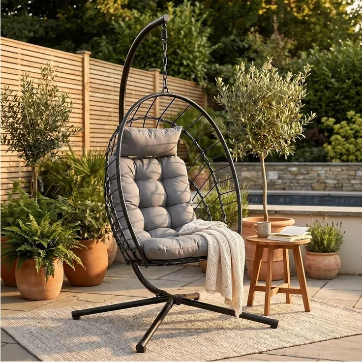 TLGREEN Hängesessel mit Gestell, Klappbarer Eiersessel, 360° Drehbar (Indoor & Outdoor Schaukelstuhl, Ergonomischer Relaxsessel mit Kissen), für Garten Balkon Wohnzimmer, Belastbar bis 160kg – Bild 1