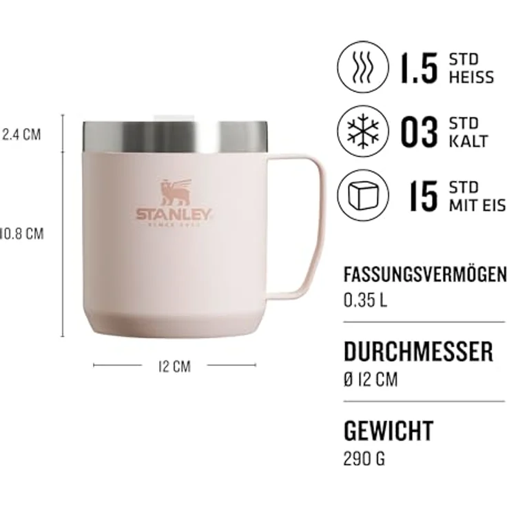 Stanley Classic Legendary Camp Mug Thermobecher 354 ml - Rose Quartz - Hält 1.5 Stunden Heiß - 3 Stunden Kalt - BPA-Frei - Spülmaschinenfest - Edelstahl Kaffeebecher To Go – Bild 2