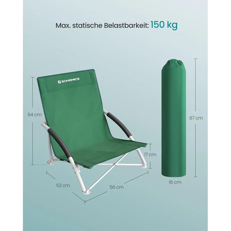 Campingstuhl, klappbarer Strandstuhl, Klappstuhl mit Tragetasche, bis 150 kg belastbar, aus robustem Oxford-Gewebe, für Angeln, Garten und Camping, Grün, GCB61GV1 – Bild 2