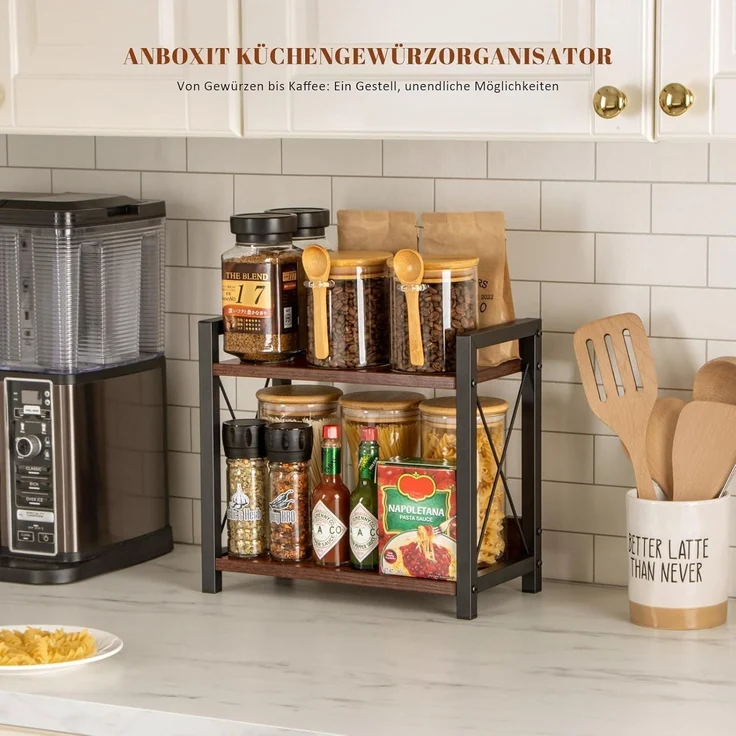 ANBOXIT Holz Gewürzregal 2 Tier Organizer Küchenregal Arbeitsplatte Braun – Bild 2
