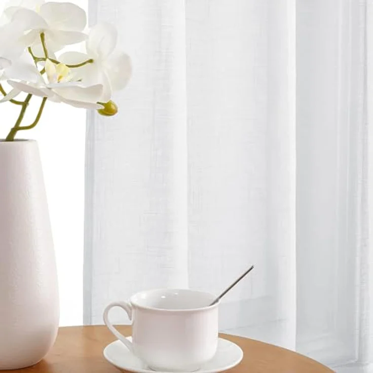 CUCRAF Voile Gardinen Leinenoptik Weiß mit Ösen Vorhänge Halbtransparent für Schlafzimmer Wohnzimmer H260 x B140cm 2er Set – Bild 5