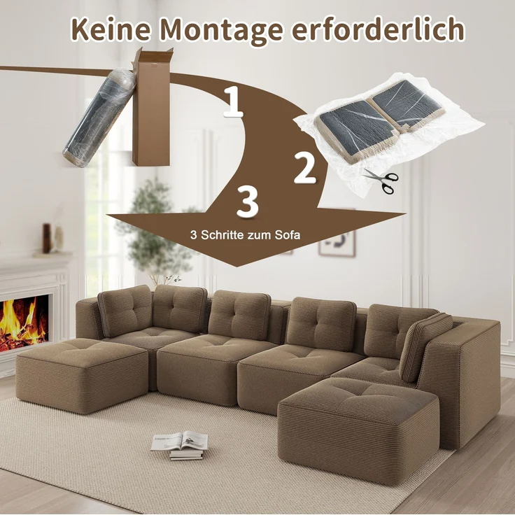 DESVIAE Sofa modular als Ecksofa, Cord, Braun, mit rutschfestem Standfuß, 386 x 177 x 69 cm – Bild 5