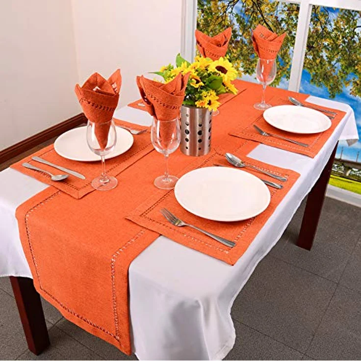 Grelucgo Handgefertigter Hohlsaum, orangefarbener Tischläufer oder Kommodenschal, Herbstdekoration (35,6x183,9 cm) – Bild 5