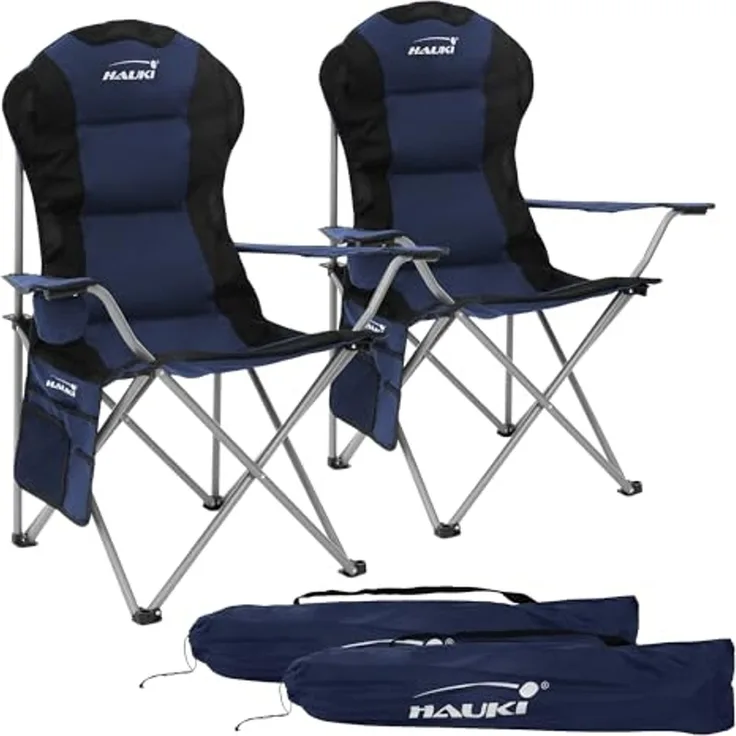 Hauki Campingstuhl Faltstühl faltbar mit Getränkehalter & Tragetasche bis 150kg (2 St), 2x Klappstuhl 56x95x110cm Blau Angelstuhl mit Hochlehner Gepolster