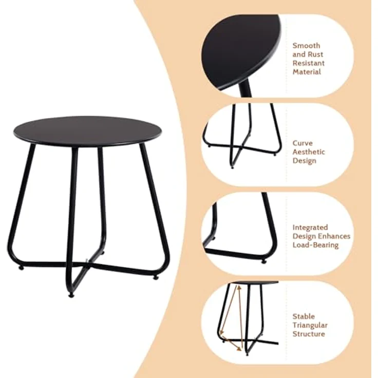 HollyHOME Beistelltisch Outdoor Balkontisch Klein Gartentisch Rund Beistelltisch Metall Wetterfest Loungetisch Outdoor Couchtisch für Patio Terrasse Wohnzimmer, Schwarz – Bild 7