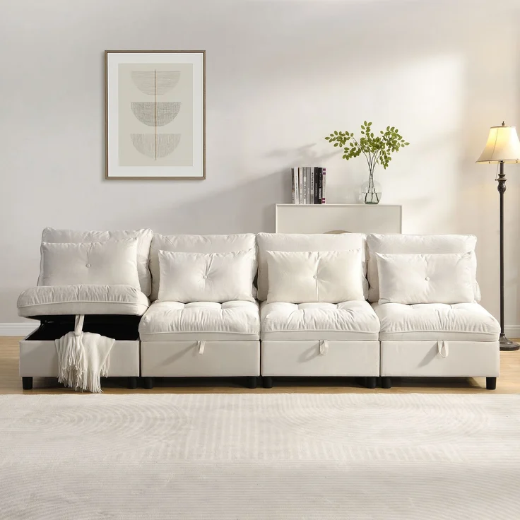 Schlafsofa mit 4 unabhängige Module, als 4-Sitzer, 2 Zweisitzer oder Schlafsofa nutzbar, Wolken-Sitzkomfort, Beige – Bild 3