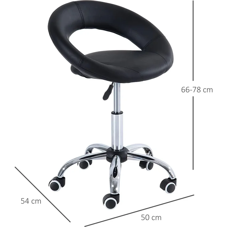 HOMCOM Rollsitz höhenverstellbarer Bürostuhl mit Rollen (Drehhocker, 1 St, Arbeitshocker), PU+Metall, Schwarz, 50 x 54 x 66-78 cm – Bild 3