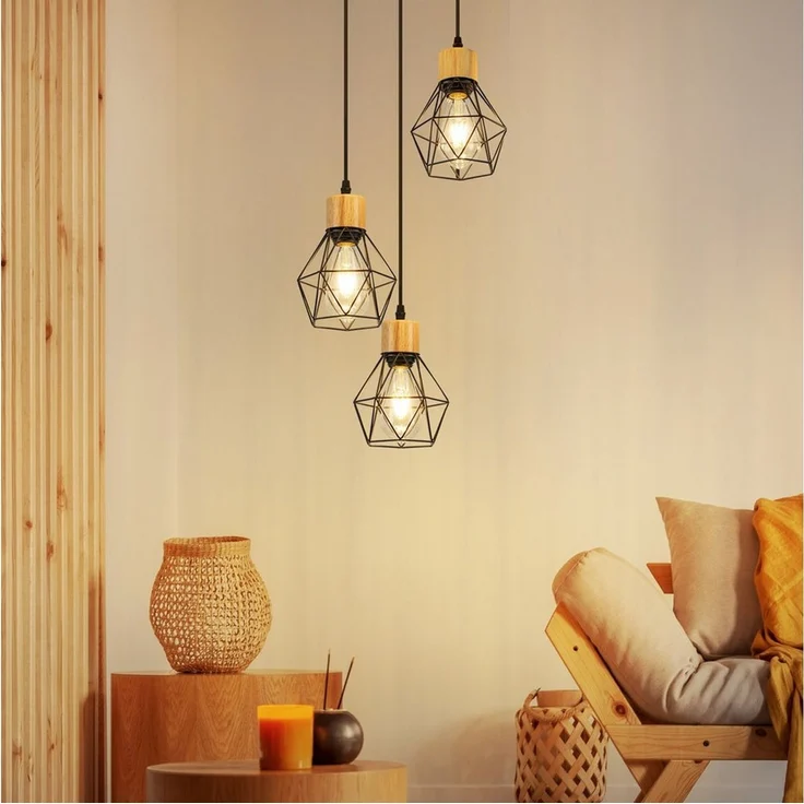 Nettlife Pendelleuchte Vintage Schwarz 3flammig Industrielle Eleganz aus Metall Holz E27, ohne Leuchtmittel, für Wohnzimmer Esszimmer Küche Schlafzimmer in Restaurants und Cafés – Bild 2