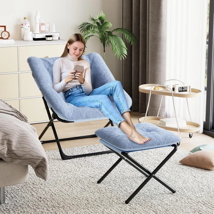 Relaxsessel Ohrensessel Eisenrahmen Kaninchenfell Blau – Bild 8