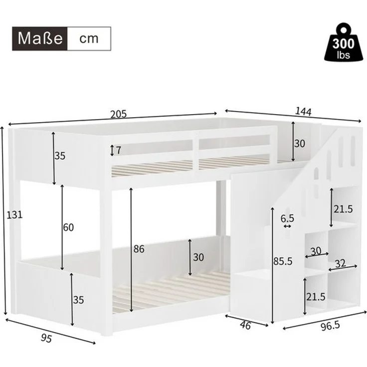 Odikalo Etagenbett Kinderbett Jugendbett 90x200 (Kinder-Etagenbett, Doppelbett, multifunktionales Kinderbett, Mit Treppen und Schließfächern,stabiles Geländer, ohne Matratze, 90*200cm, Weiß) – Bild 4