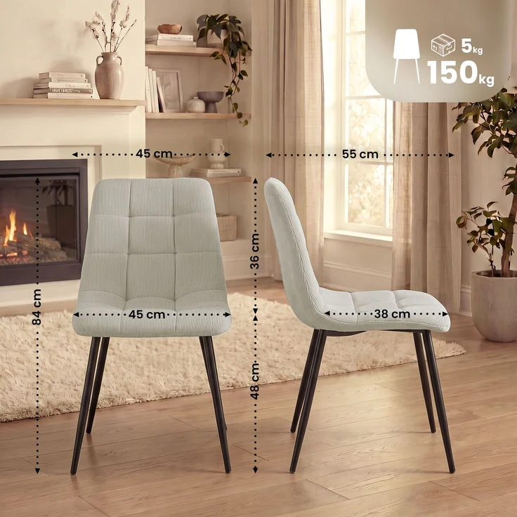 CLP 2er Set Esszimmerstuhl Tilde gepolstert mit Rückenlehne bis 150 kg belastbar - Farbe:creme;Material:Cord – Bild 1
