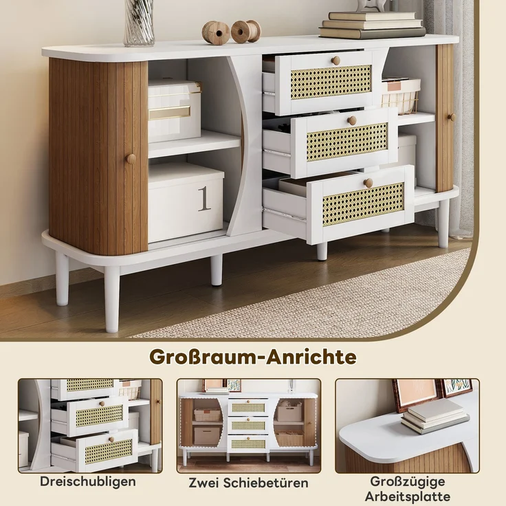 Merax Sideboard, Rattankommode, Kommode mit Schiebetüren, verstellbaren Einlegeböden, gewölbter Platte – Bild 7