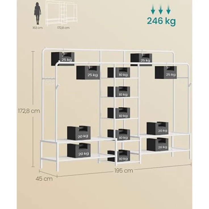 SONGMICS Kleiderständer, offener Kleiderschrank, Garderobenständer mit 9 Ablagen, Metallrahmen, Kleiderstange, für Schlafzimmer, Wohnzimmer, Eingangsbereich, weiß HSR183WG01 – Bild 6