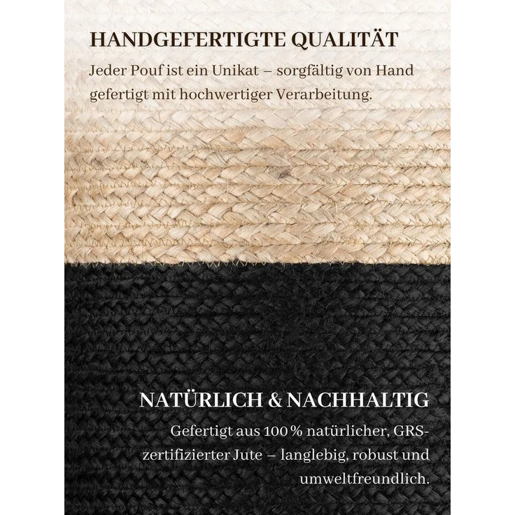 Hanse Home Jutta Jute Pouf - Natürlicher Sitz-Pouf aus Jute, Zylindrische Form im Boho Look, Hocker, Ottoman, Sitzhocker, Sitzkissen für Wohnzimmer, Esszimmer, Flur - Natur Gold Schwarz, 40 x 40 x 40 – Bild 2