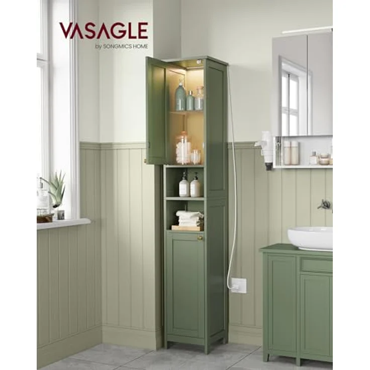 VASAGLE Badezimmerschrank mit Beleuchtung, hoch, schlanker Badschrank, Aufbewahrungsschrank mit verstellbaren Ablagen, für kleine Räume, modern, 40 cm breit, waldgrün BBC766CH03 – Bild 2