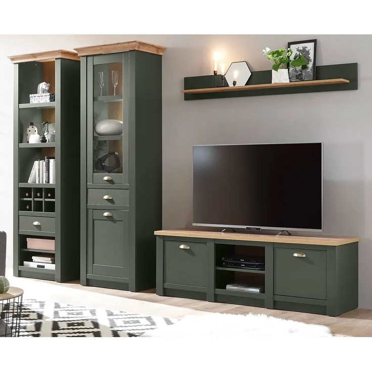 Furn. Design Wohnwand Norwich, (Wohnkombination 4-teilig, dunkelgrün mit Wotan Eiche, 308x207 cm), Landhausstil – Bild 3