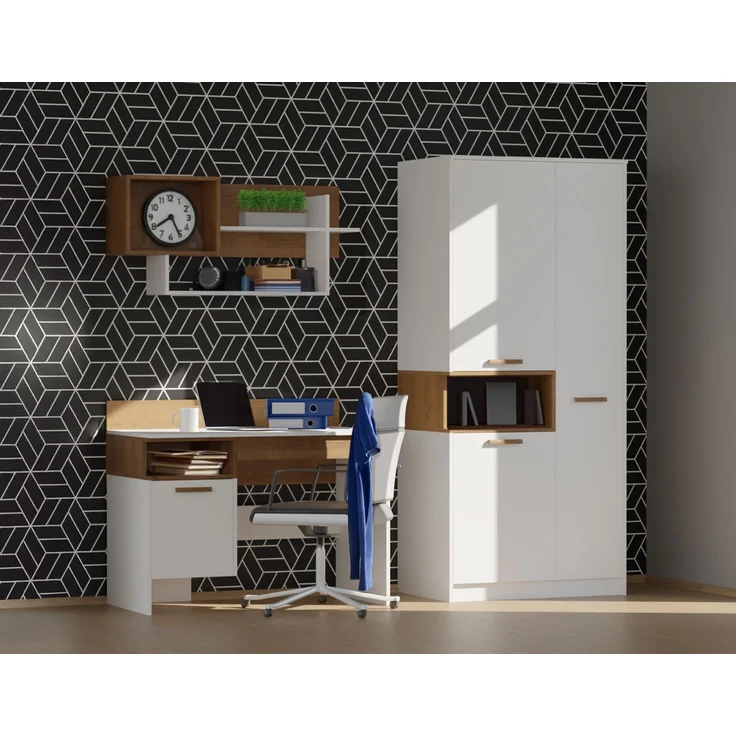 Marmex Möbel Grant Set-I Jugendzimmer-Set 3-teilig mit Kleiderschrank mit Kleiderstange, Schreibtisch, Wandregal, Kinderzimmermöbel mit Schreibtisch, laminierte Spanplatte, Kleiderstange, weiß+riviera Eiche, 198x195x55 cm – Bild 1