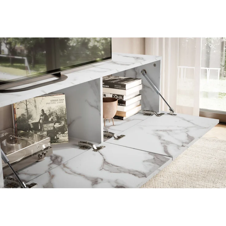 FINEBUY Lowboard FB58627 (Marmor-Optik Weiß 120x30x30 cm mit zwei Türen), TV-Kommode Hoch, TV-Schrank Modern, Fernsehtisch – Bild 4
