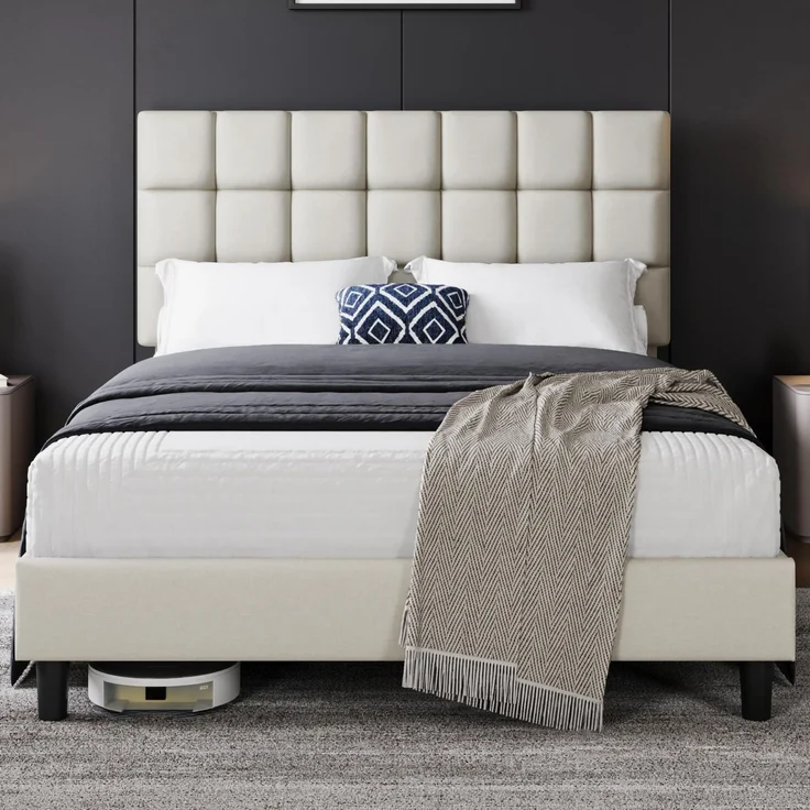 Yaheetech Bettgestell mit gepolstertem Kopfteil, Lattenrost aus Holz, quadratisches Kopfteil höhenverstellbar, modern, Beige, 140x200 cm