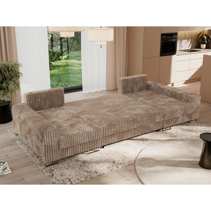 U-förmiges Ecksofa auf goldenen Metallbeinen, mit Schlaffunktion und drei Bettkästen für das Wohnzimmer - DORIAN U - Braun Cord – Bild 5