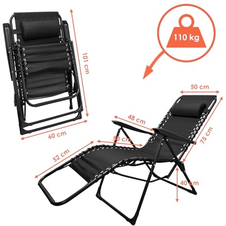Spetebo Relax Sessel, Garten Liegestuhl mit Kopfkissen, verstellbare Rückenlehne und Fußteil, schwarz, 175 x 101 cm – Bild 3