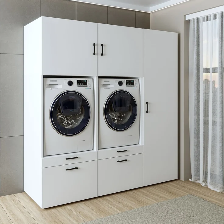 Roomart Waschmaschinenschrank Doppelschrank – SERIE 2 – 194 cm breit, Überbauschrank für Waschküche & Hauswirtschaftsraum – 205 cm hoch – mit Ausziehbrett & Schubladen – • Weiß – Bild 1