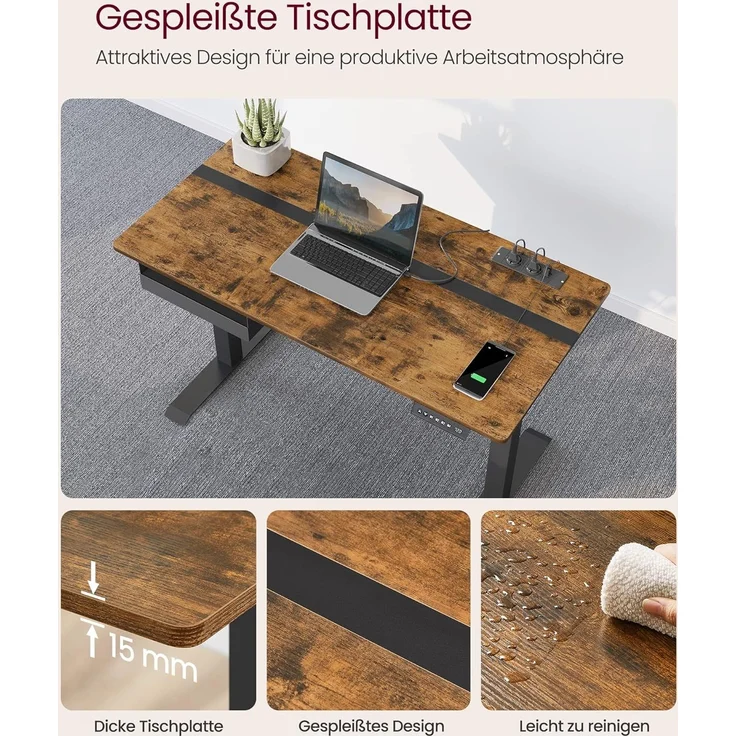 Vasagle Höhenverstellbarer Schreibtisch elektrisch, mit Steckdose und Schublade, stufenlos verstellbar, Memory-Funktion mit 4 Höhen, vintagebraun-schwarz, Tischoberfläche 60x120 cm – Bild 5
