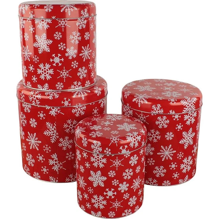 Macosa Home Keksdose Gebäckdosen 4er Set Metall Rot od. Grau Plätzchendose, (rund Schneeflocke Rentiere Gebäckaufbewahrung modern, Vorratsdose Weihnachten Blechdose), stapelbare Keks-Dose Aufbewahrungsdose Plätzchen – Bild 2