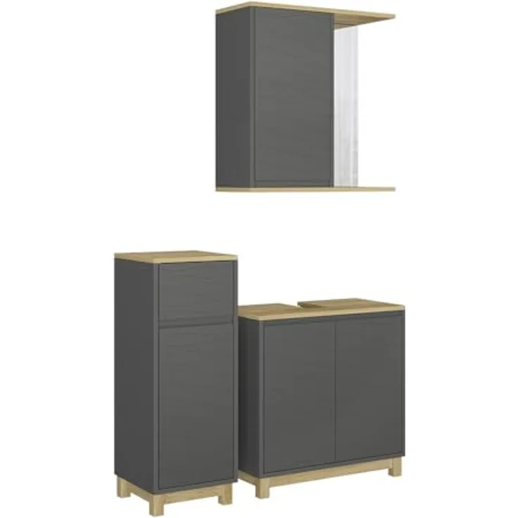 Vichy Badmöbelset Livia, Anthrazit/Eiche, 3 Teile mit Waschbeckenunterschrank, Spiegelschrank und Midischrank aus robustem MDF-Material