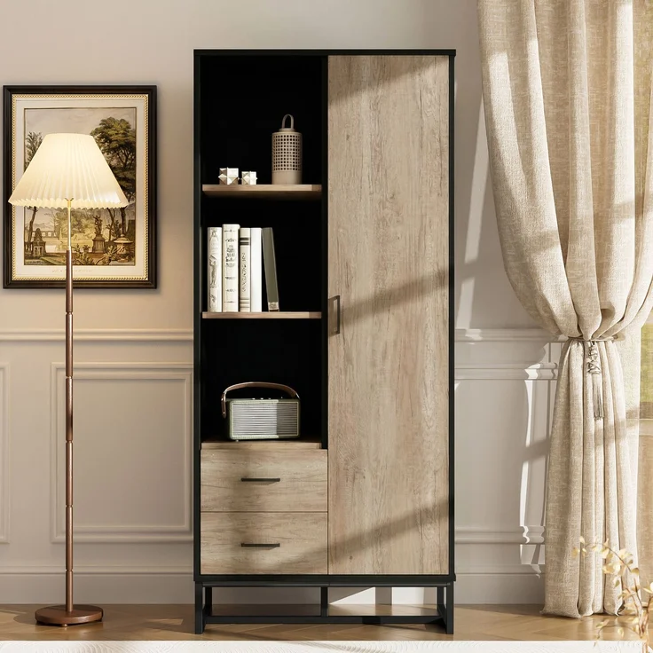 Moderner Highboard Schrank 80x40x180 cm – Holzoptik mit schwarzem Rahmen, mit Tür, 2 Schubladen & 3 offenen Fächern – Vielseitiger Stauraum für Wohnzimmer, Büro & Flur--Schwarz, Holz--80x40x180cm--YOUDENOVA – Bild 1