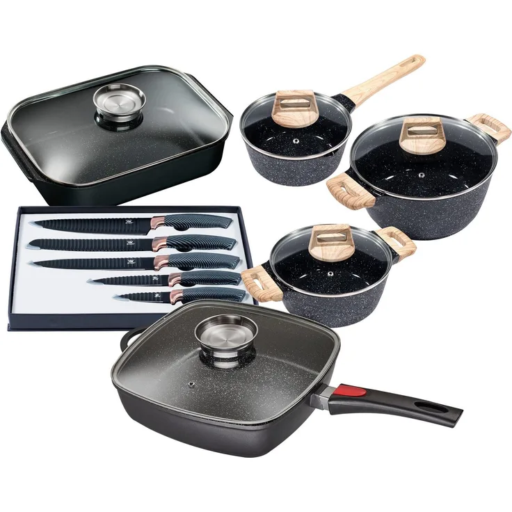 KING Topf-Set Square, Aluminiumguss (Set, 9-tlg, Stielkasserolle 18 cm, Kochtopf 20/24 cm, Bräter, Viereckpfanne 28 cm), Induktion