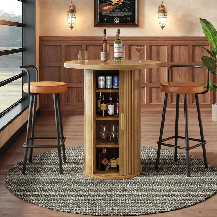 Runder Bartisch mit Stauraum, 91,6cm hoher Stehtisch mit Schrank, MDF Holzoptik, Belastbar bis 75kg, für Bar & Wohnzimmer