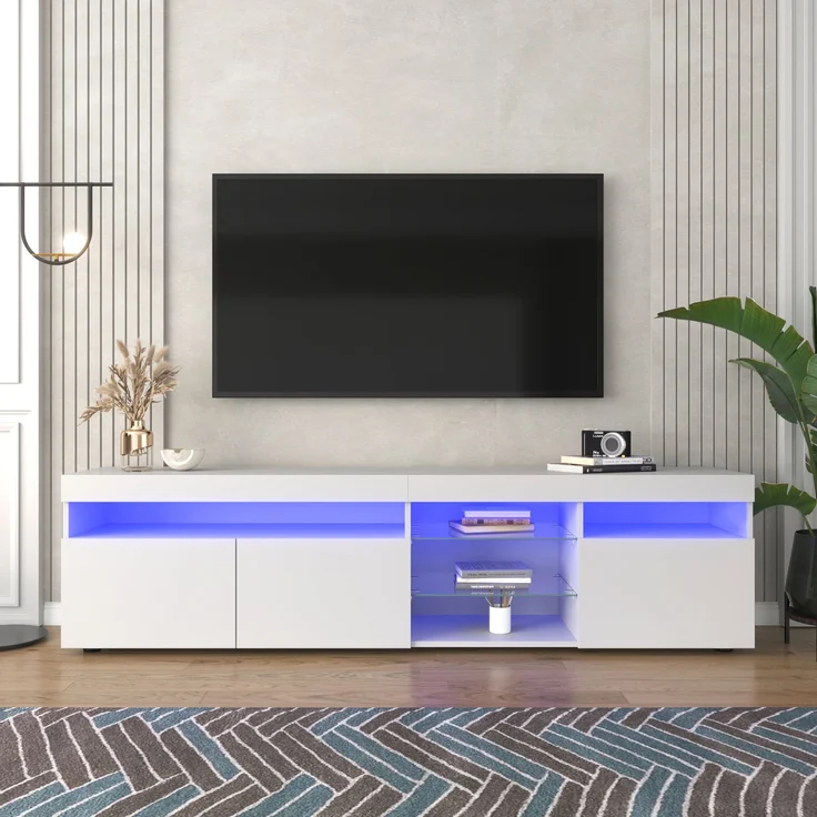 TV-Schrank 180 cm mit LED-Beleuchtung, Lowboard Sideboard Medienmöbel in Weiß Hochglanz mit Glaslaminat – Bild 5