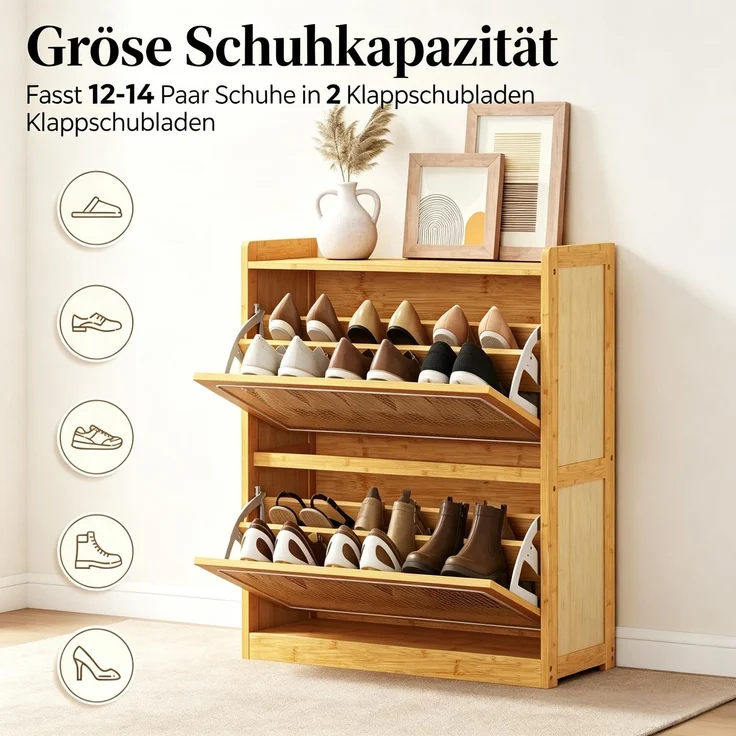 ZUBALIYA Schuhschrank (69 x 29 x 83 cm), Verstellbare Einlegeböden, Herausnehmbare Einlegeböden, Aus Bambus, Naturfarben – Bild 6