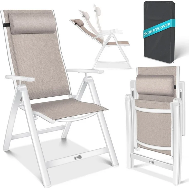 KESSER® Gartenstuhl, Hochlehner mit Armlehnen, Aluminium-Klappstuhl mit Kopfkissen & Cover, 7-fach verstellbare Rückenlehne, atmungsaktiv & wetterfest, klappbar & anti-rutsch, taupe – Bild 1